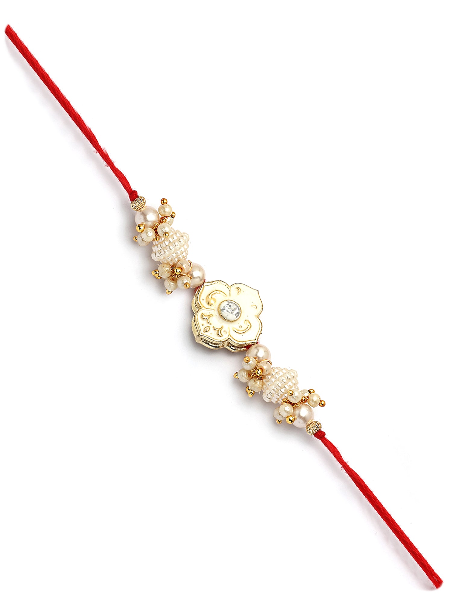 Karatcart Gold Plated White Meenakari Floral Kundan Bhiya Bhabhi Rakhi with Roli & Chawal