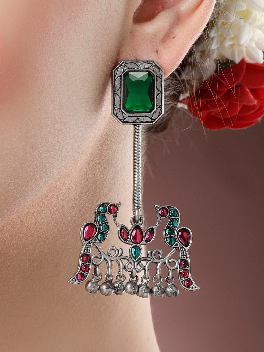 Karatcart Oxidised Silver Green Stone Peacock Design Dangler Earrings for Women