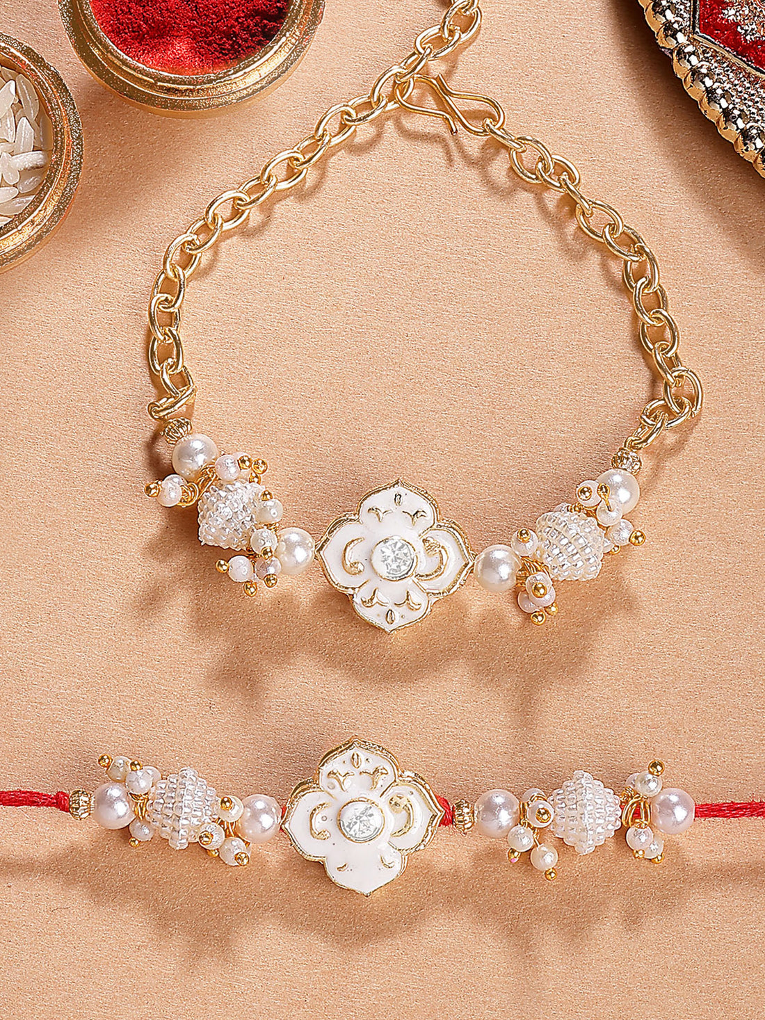 Karatcart Gold Plated White Meenakari Floral Kundan Bhiya Bhabhi Rakhi with Roli & Chawal