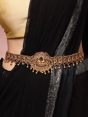 Karatcart Ethnic South Indian Temple Style Gold Plated Peacock Kamarbandh for Women