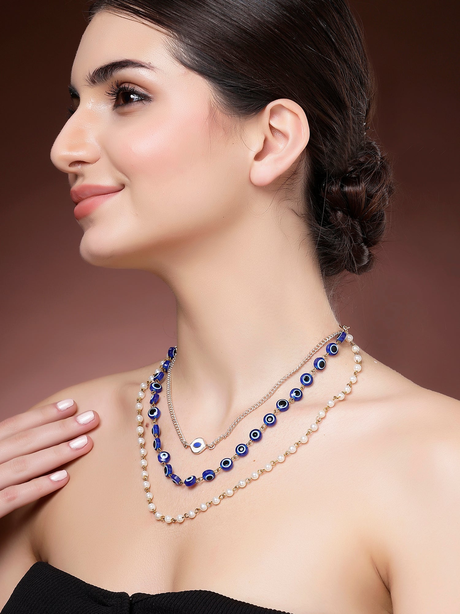 Bohey by KARATCART Handcrafted Multi-Strand Necklace with Evil Eye and Pearls for Women