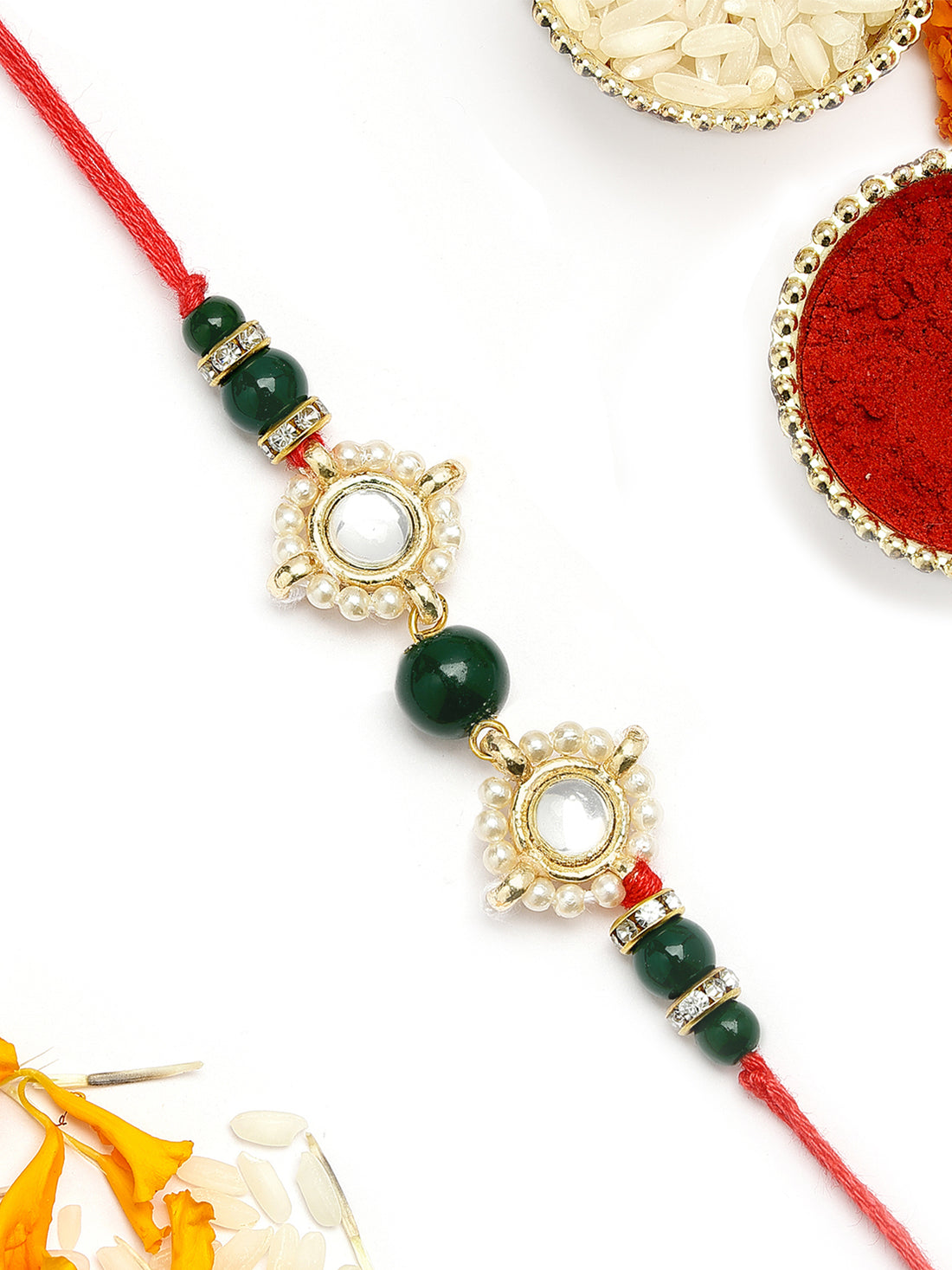 KARATCART Fashionable Gold Plated Green Beads Handmade Kundan Rakhi for Brother with Roli & Chawal