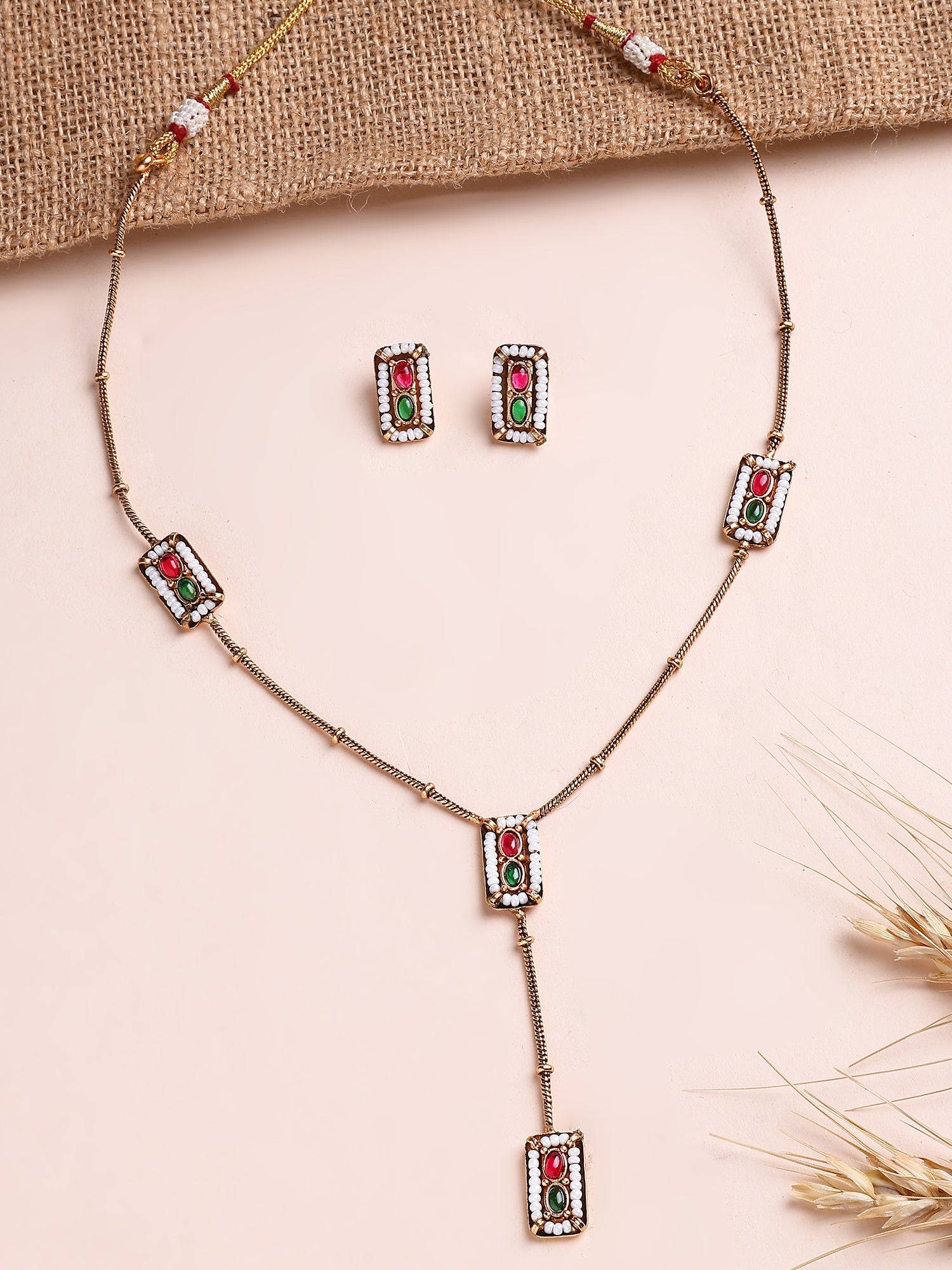 KARATCART Minimalist Gold-Plated Red and Green Stone Necklace Set for Women