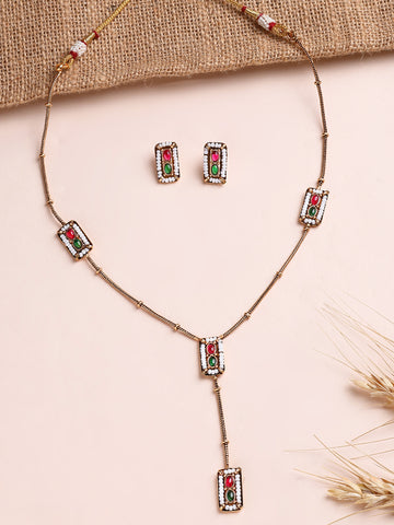 KARATCART Minimalist Gold-Plated Red and Green Stone Necklace Set for Women