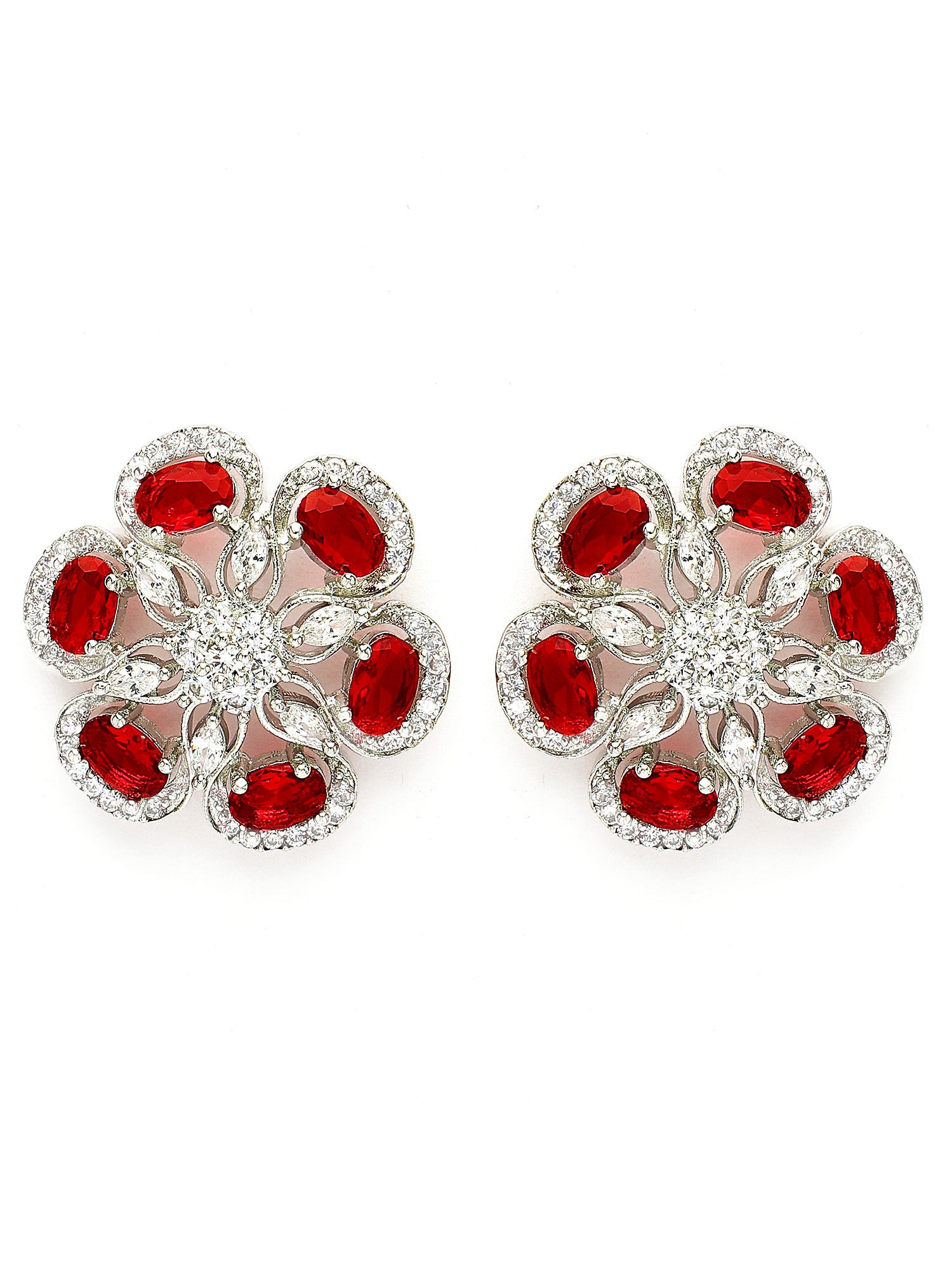 Karatcart Elegant Floral Design Red American Diamond Stud Earrings for Women