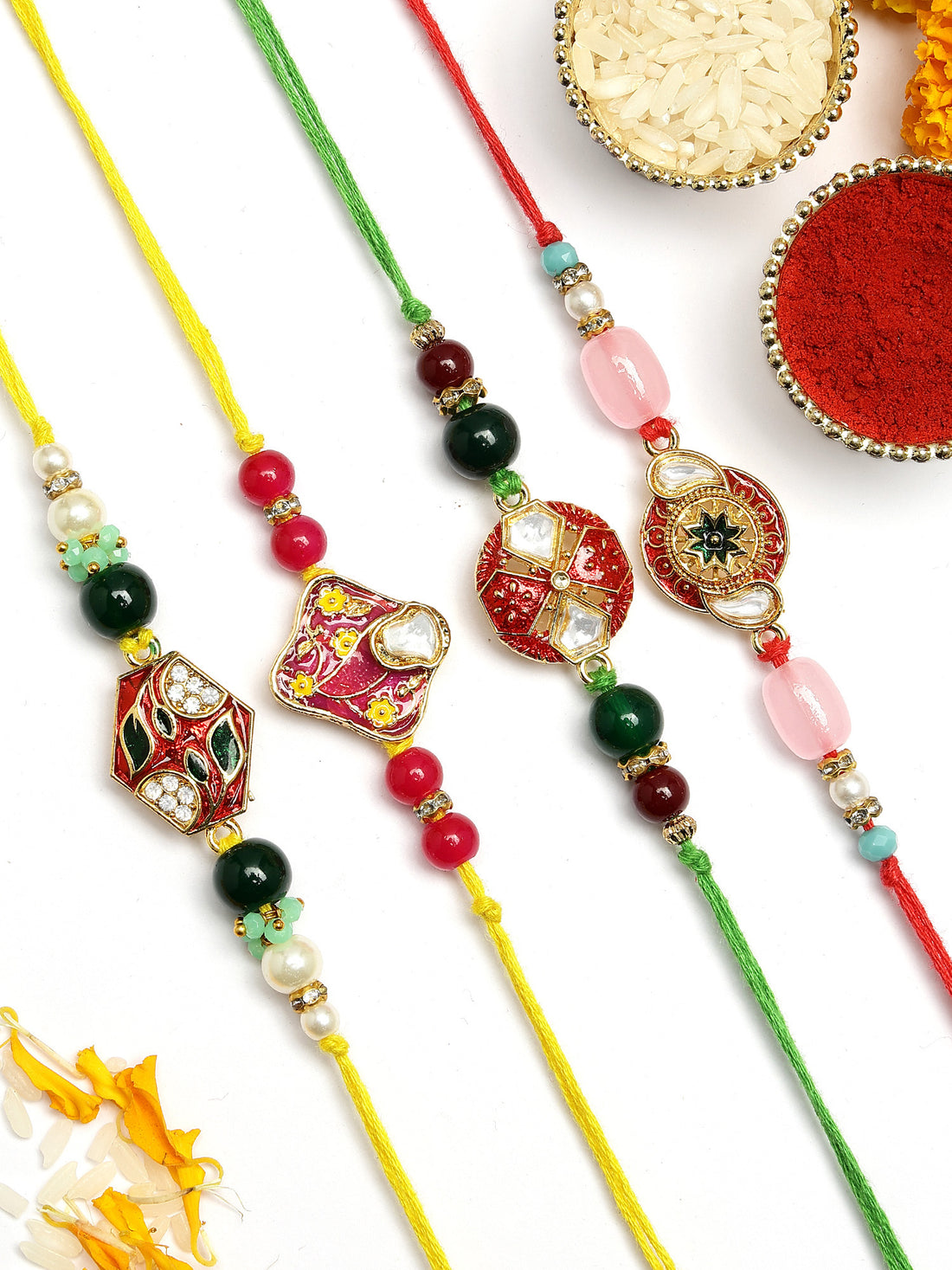 KARATCART Set of 4 Handmade Multicolor Meenakari Kundan Rakhis for Brother with Roli & Chawal