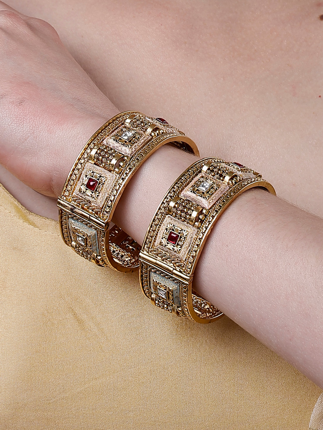 Karatcart Set of 2 Gold Plated Square Floral Design Multi Color Meena Bangles for Women