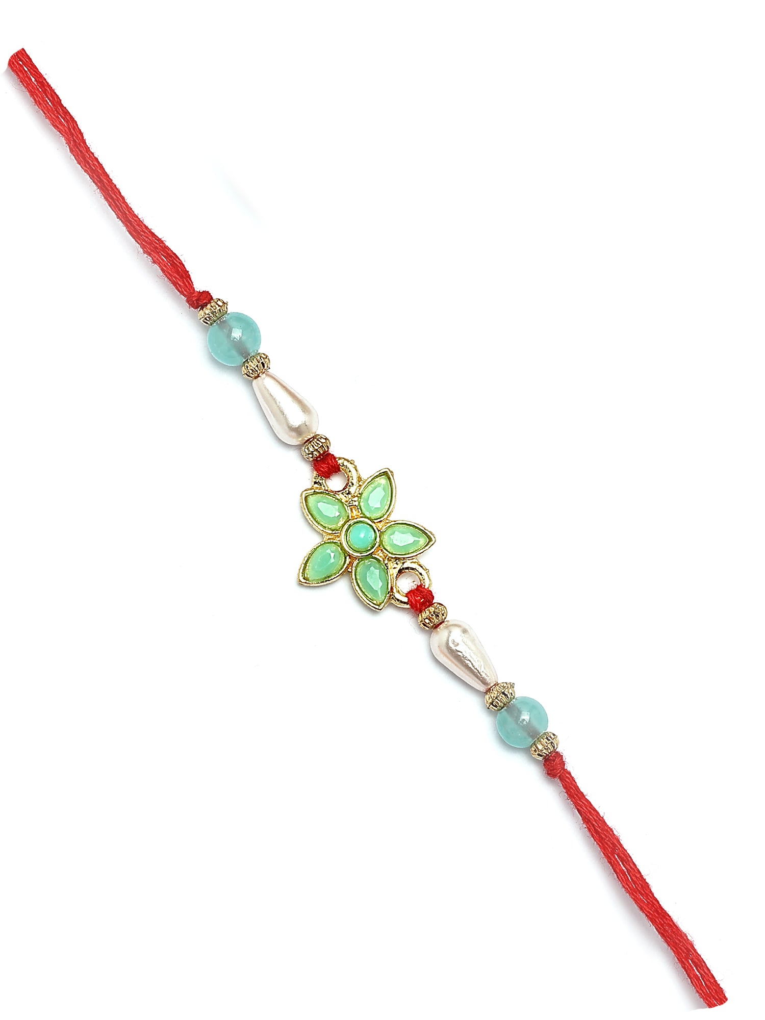 Karatcart Gold Plated Light Blue Floral Kundan Bhiya Rakhi with Roli & Chawal