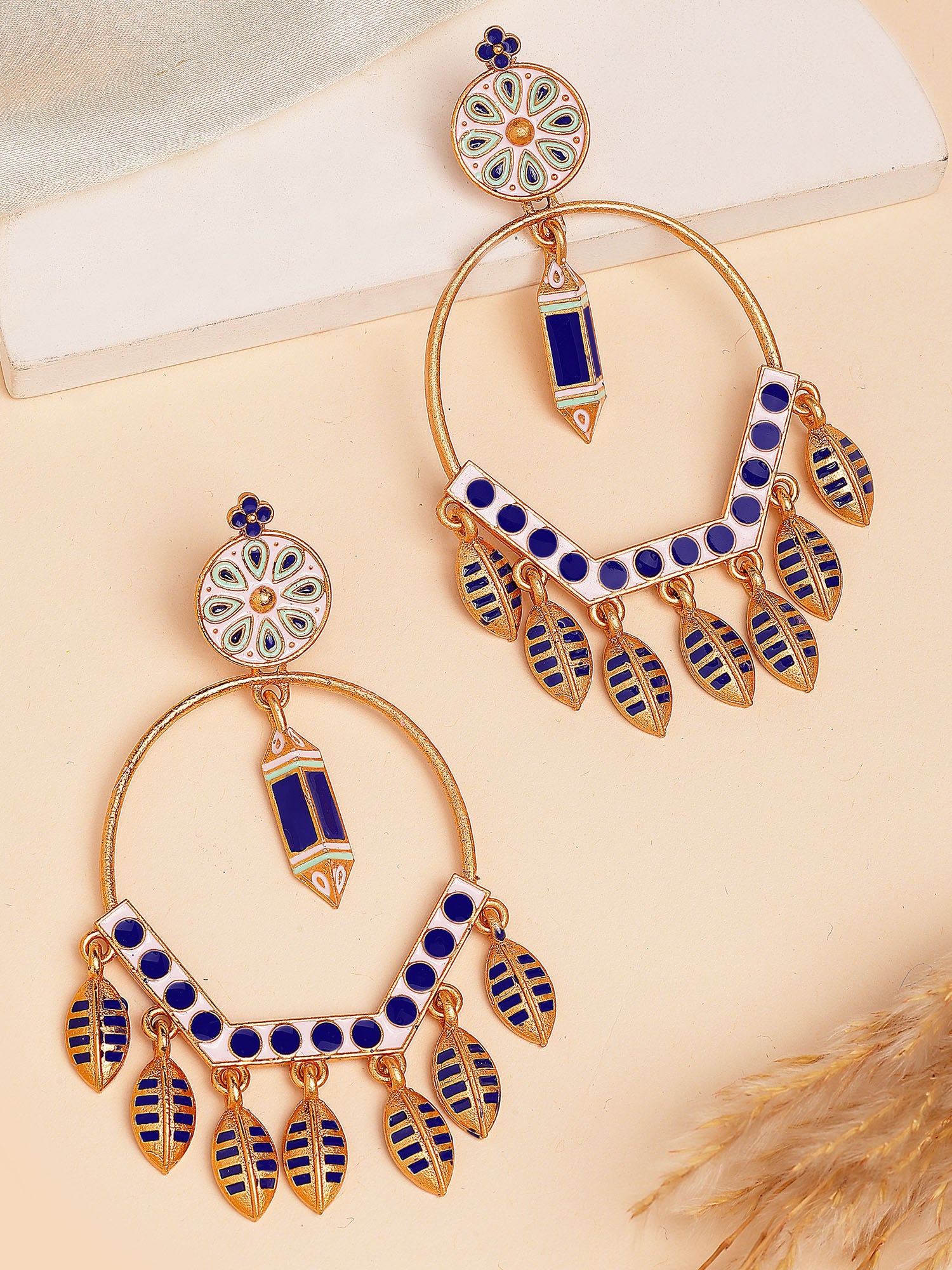Karatcart Designer Gold-Plated Blue & White Enamel Danglers Earrings with Leaf Charm for Women
