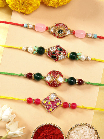 KARATCART Set of 4 Handmade Multicolor Meenakari Kundan Rakhis for Brother with Roli & Chawal