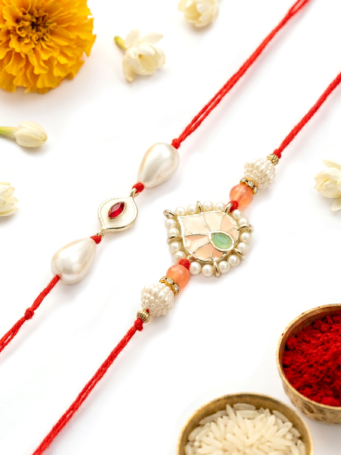 KARATCART Set of 2 Red Evil Eye Peach Meena Kundan Handmade Rakhi for Brother with Roli & Chawal