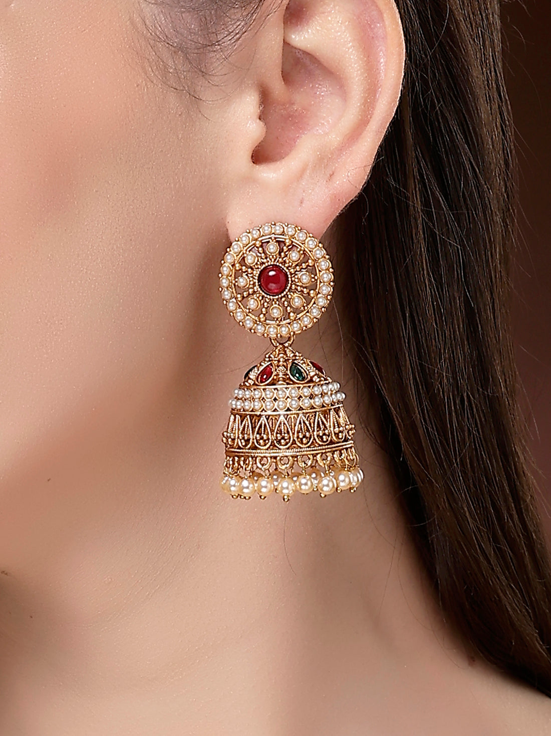 Karatcart Antique Gold Plated Jhumka Earrings with Pearl Beads & Red Stone Center
