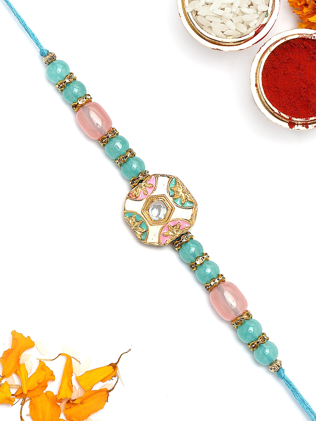 KARATCART Gold Plated Light Blue and Pink Kundan Bhaiya Rakhi with Roli & Chawal