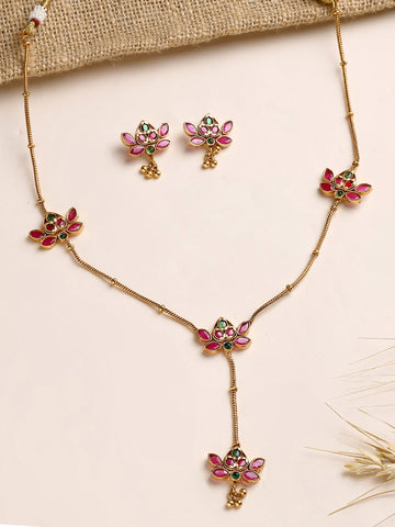 KARATCART Minimalist Gold-Plated Red and Green Stone Lotus Design Necklace Set for Women