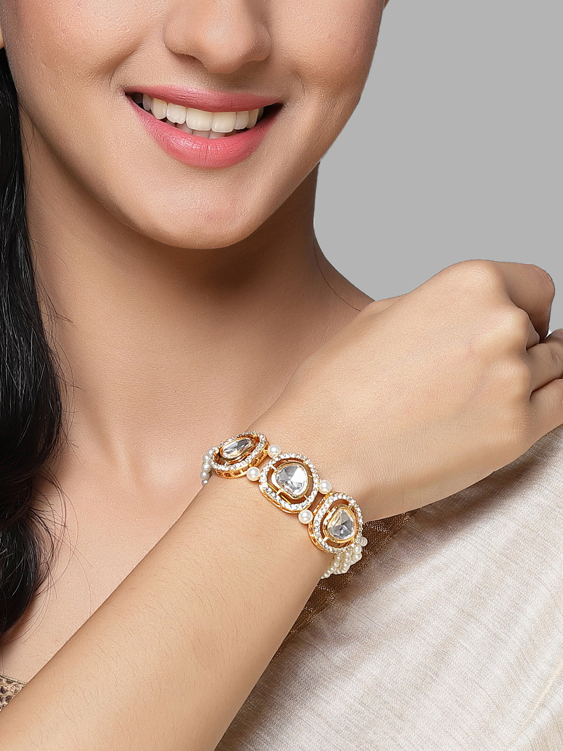 Karatcart Gold Plated Polki Kundan and Pearl Bracelet for Women