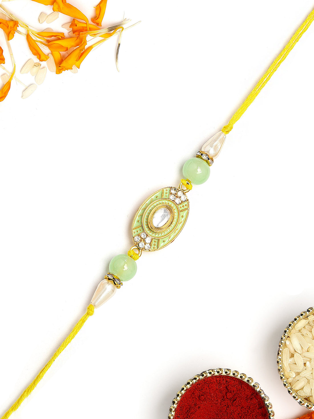 KARATCART Traditional Lime Green Meenakari Handmade Polki Kundan Rakhi for Brother with Roli Chawal