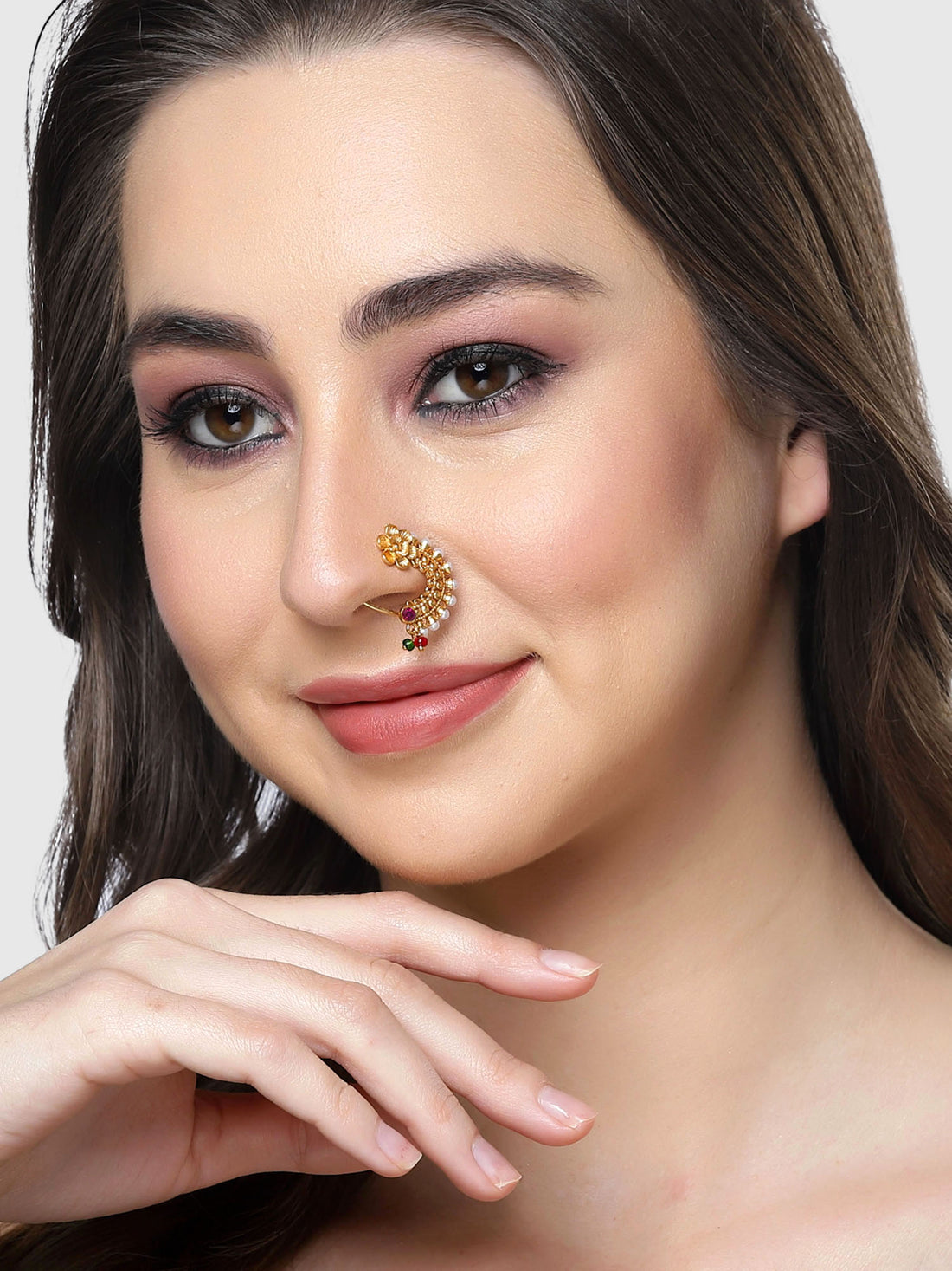 Karatcart Gold Plated Floral Design Pink Stone and Pearl Studded Nose Ring for Women