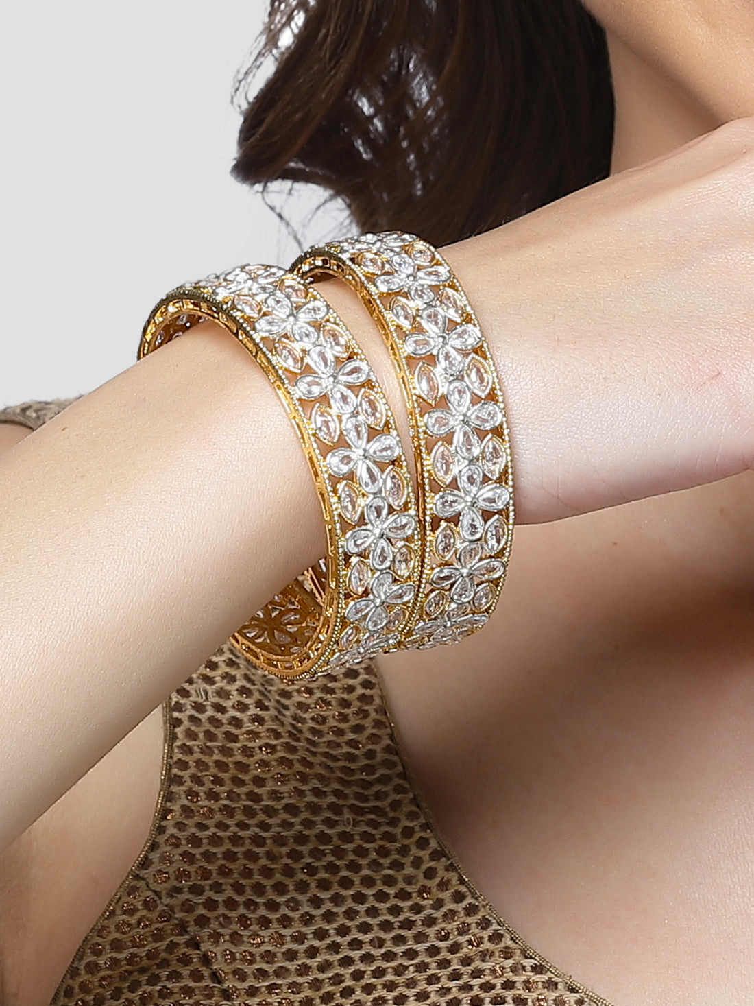 Karatcart Set of 2 Gold Plated White Cubic Zirconia Studded Bangles Set for Women