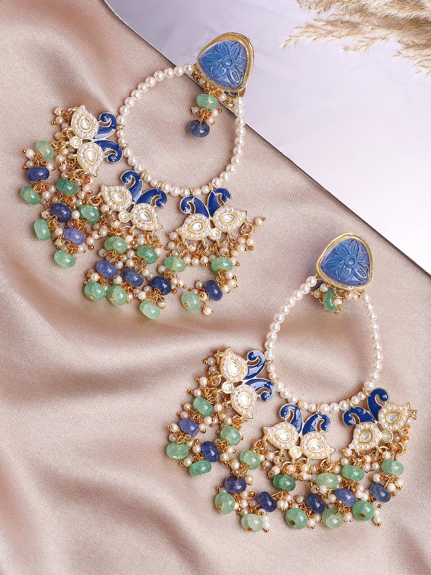 KARATCART Traditional Gold-Plated Blue and Green Kundan Dangler Earrings for Women - Image 1