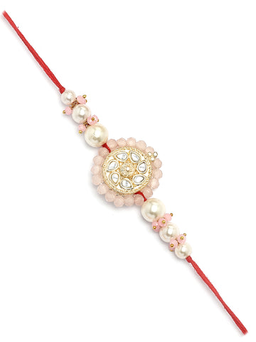 Karatcart Gold Plated Pink Crystal Floral Kundan Bhiya Rakhi with Roli & Chawal