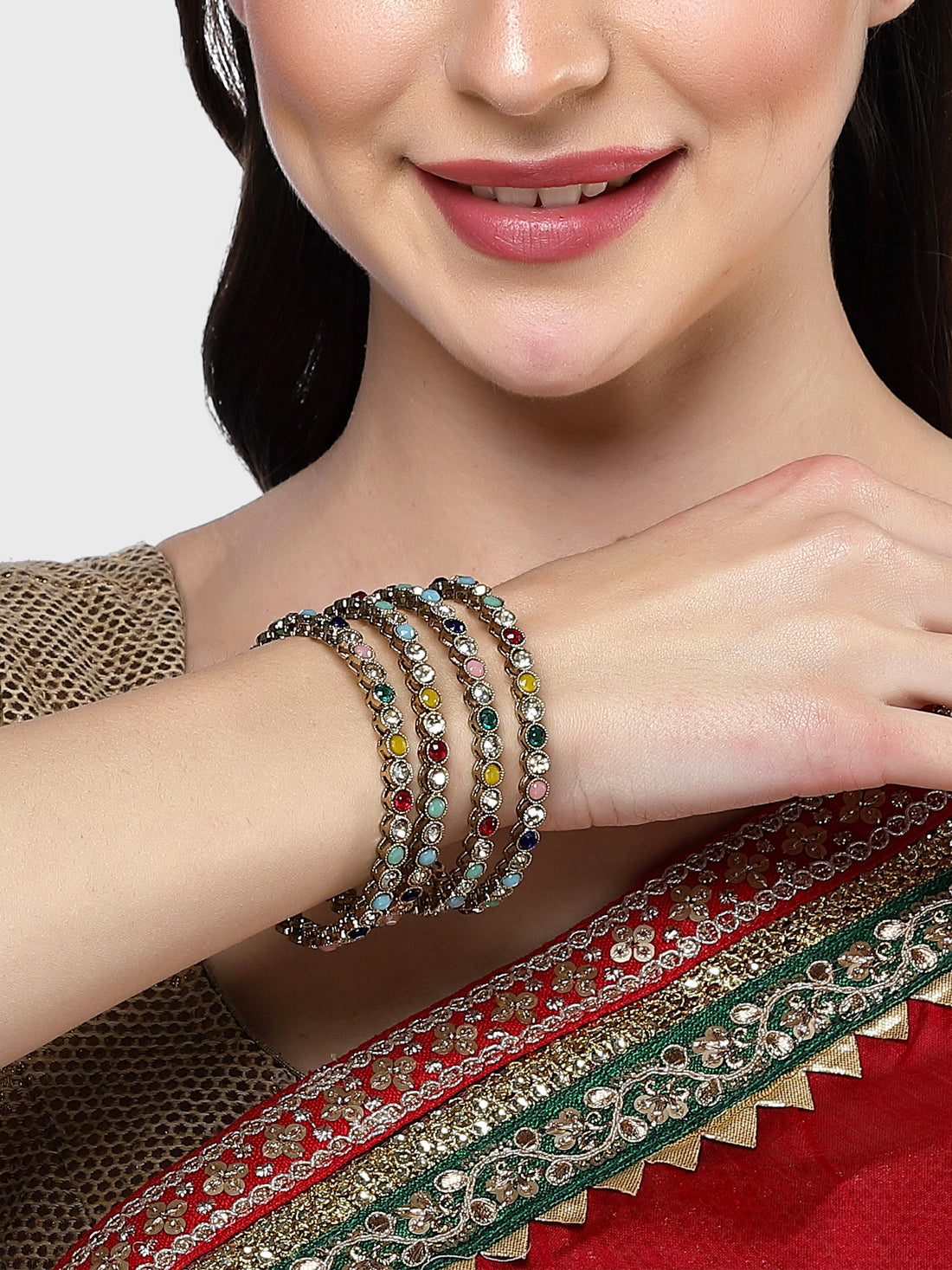 Karatcart Gold Plated Set of 4 Multicolor Stone Studded Bangles for Women