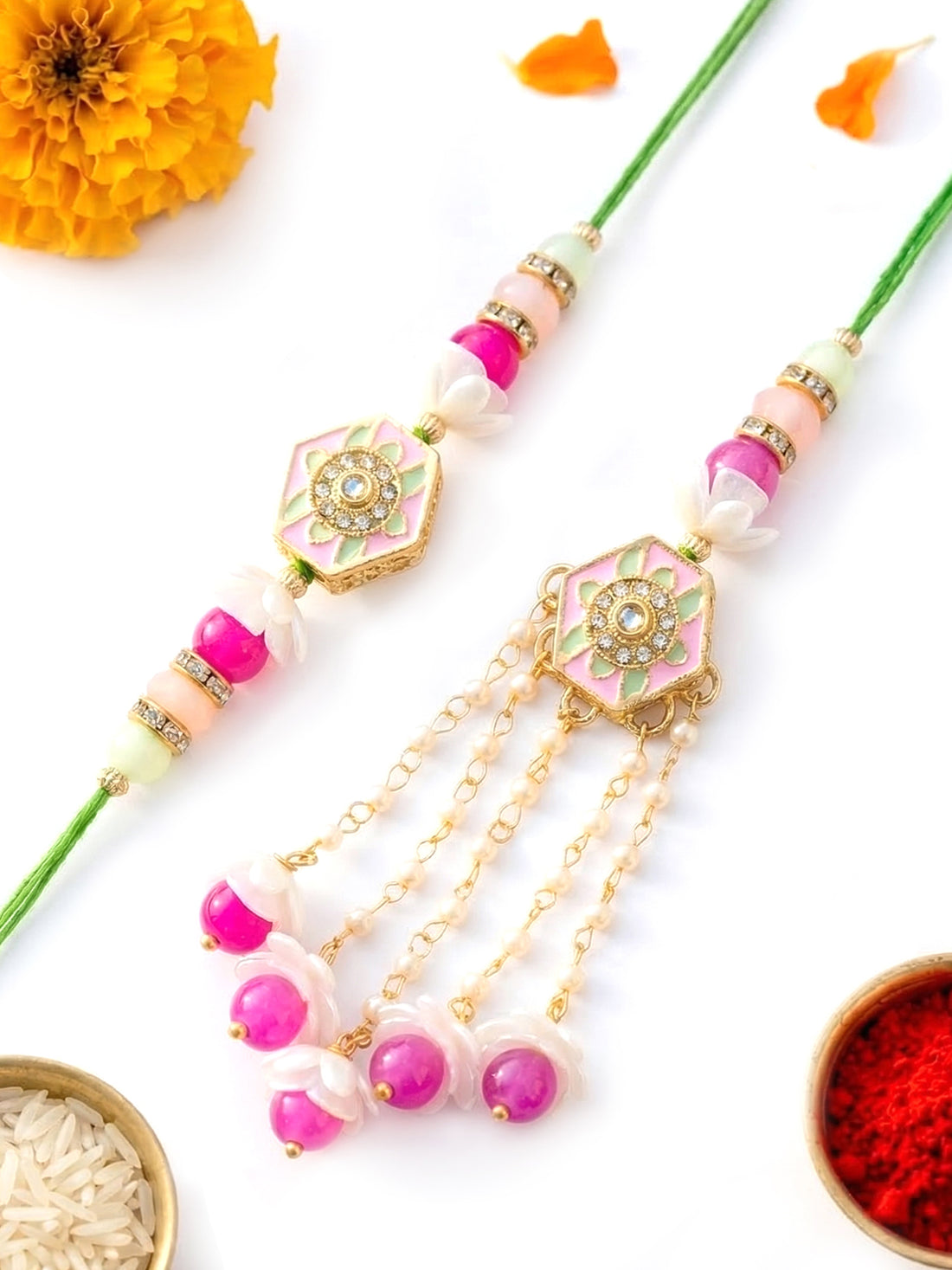KARATCART Gold Plated Pink Enamel and Beads Floral Kundan Bhaiya Bhabhi Rakhi with Roli & Chawal