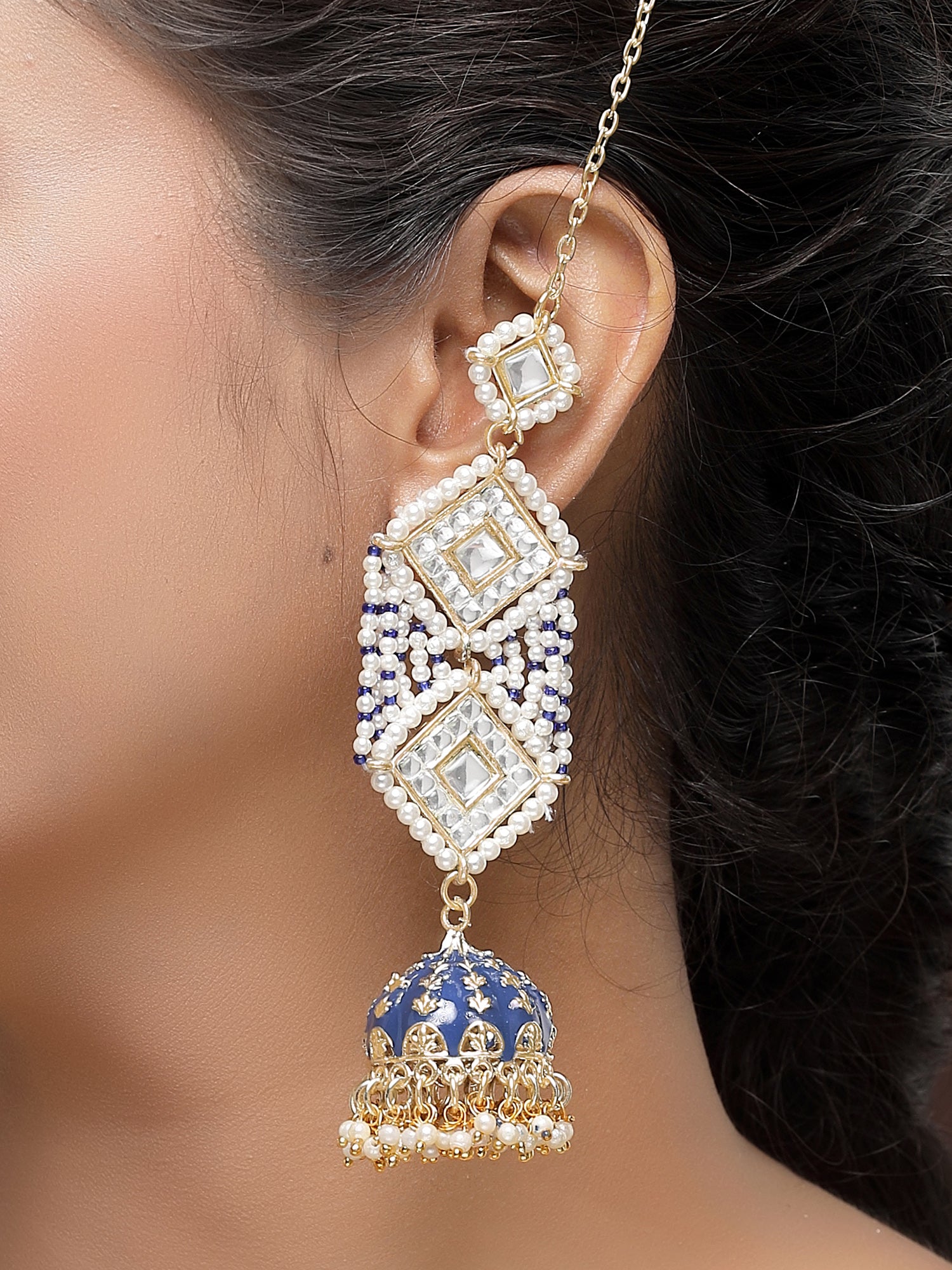 KARATCART Designer Gold-Plated Blue Meena and Kundan Jhumki Earrings for Women - view 6