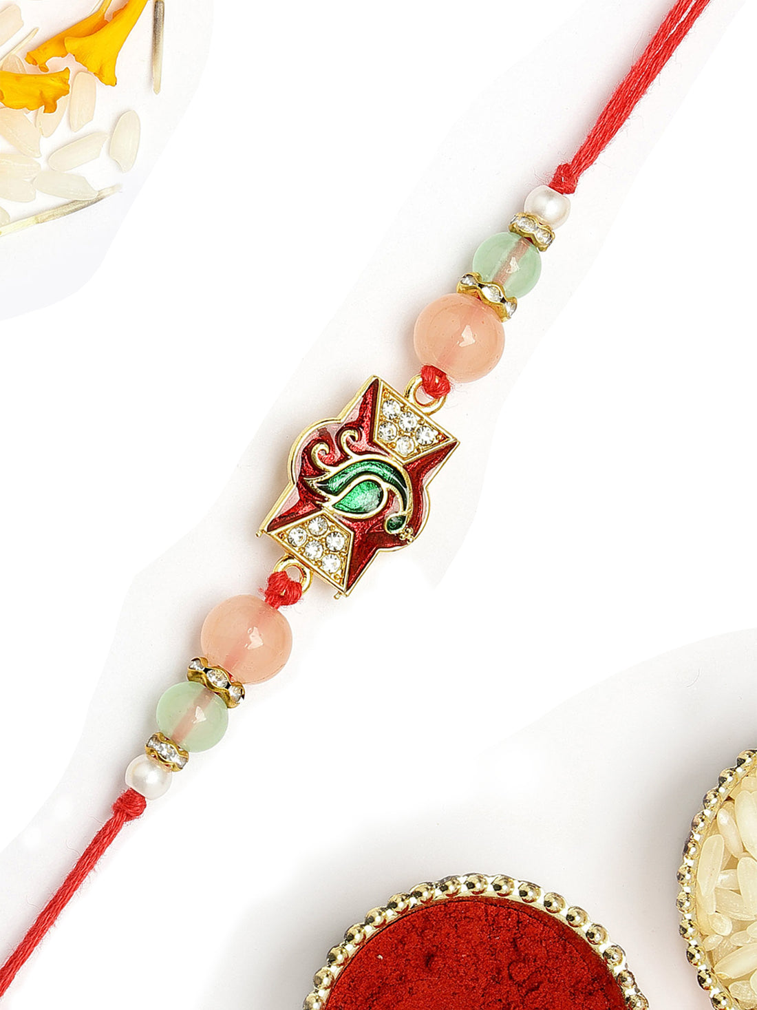 KARATCART Elegant Peacock Design Red Meenakari Handmade Rakhi for Brother with Roli Chawal