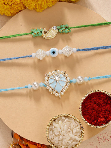 KARATCART Set of 3 Handmade Fish and Evil Eye Kundan Rakhis for Brother with Roli & Chawal