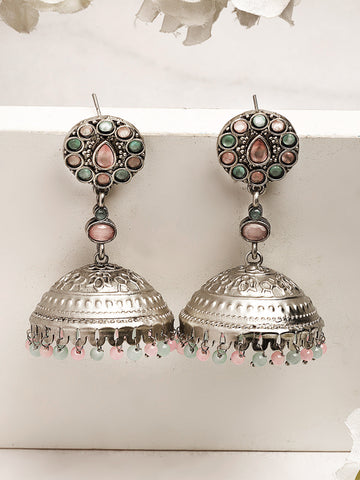 Karatcart Antique Silver Plated Floral Tribal Jhumki Earrings for Women