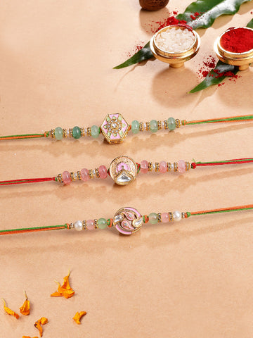 KARATCART Set of 3 Pink & Green Beaded Enamel Designer Kundan Rakhi for Brother with Roli & Chawal