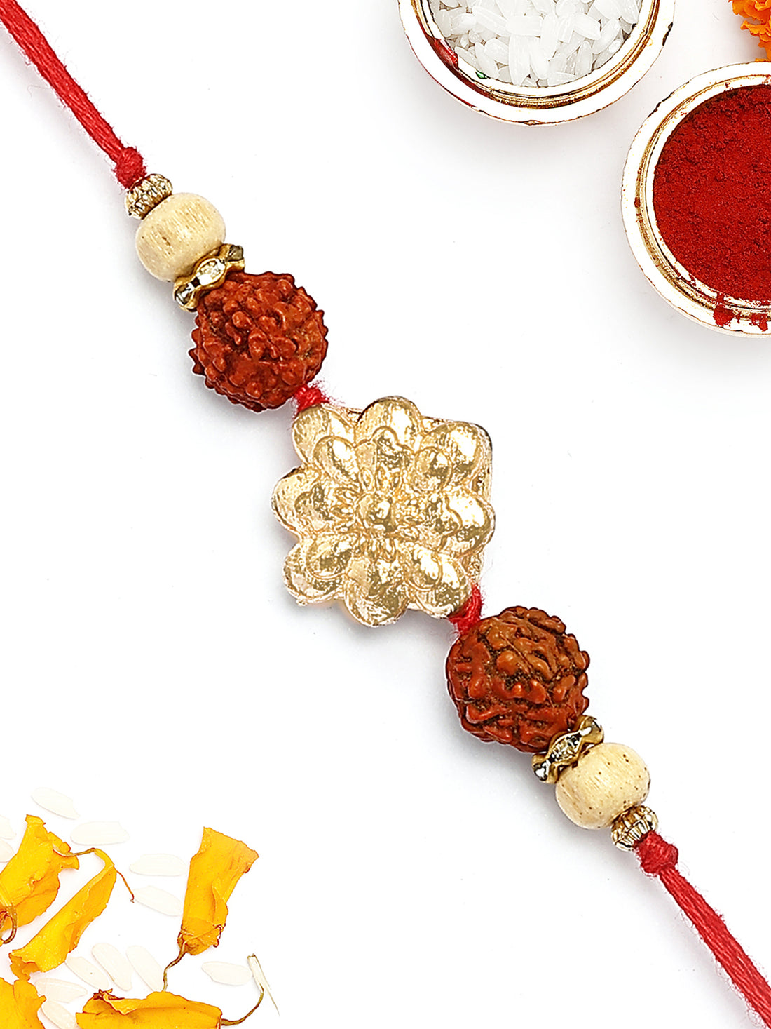 KARATCART Gold Plated Floral Kundan Rudraksha Studded Bhaiya Rakhi with Roli & Chawal