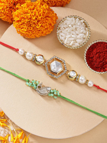 KARATCART Set of 2 Light Green Fish Handmade Polki Kundan Pearl Rakhi for Brother with Roli & Chawal