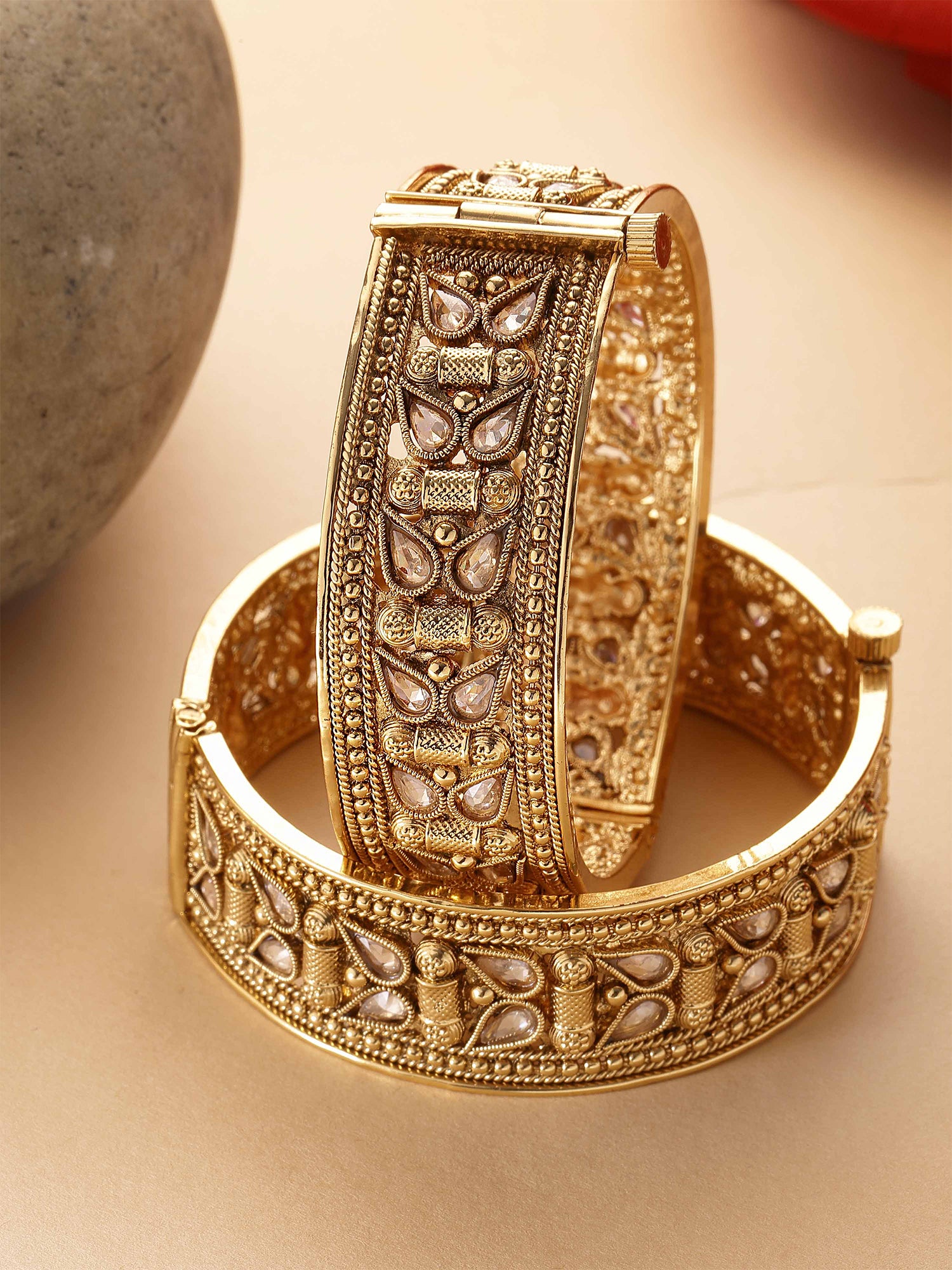 Karatcart Set of 2 Antique Gold Plated Drop Shape Bangles for Women