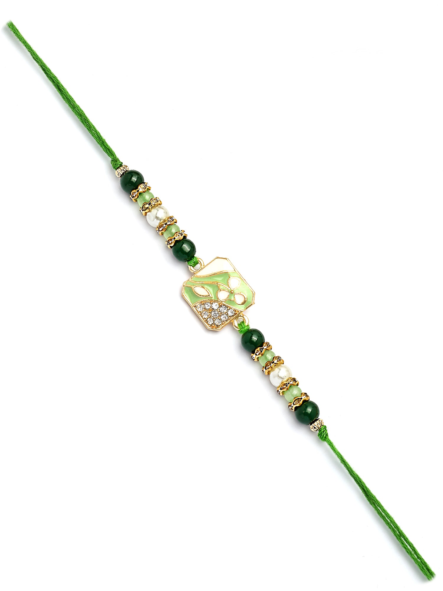 Karatcart Gold Plated Lime Green Kundan Bhiya Bhabhi Rakhi with Roli & Chawal