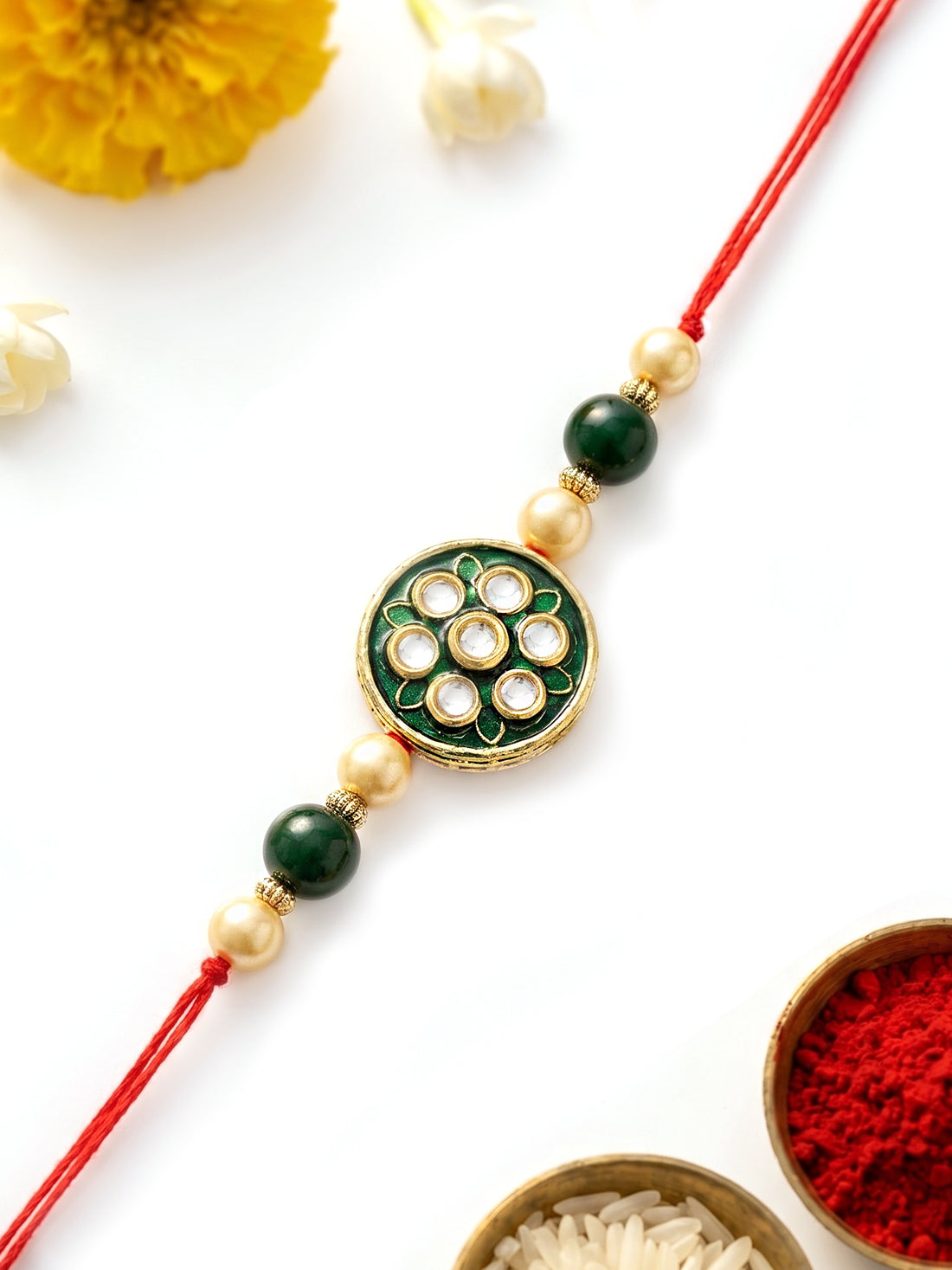 KARATCART Elegant Green Meena Floral Design Handmade Kundan Rakhi for Brother with Roli & Chawal