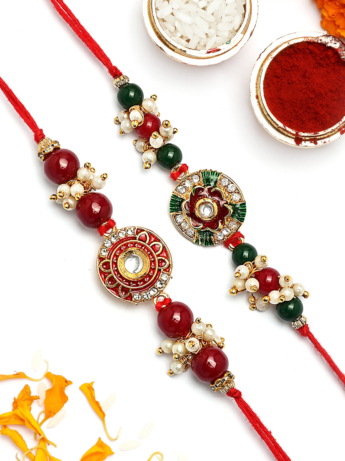 KARATCART Set of 2 Red and Green Enamel Floral Kundan Rakhi for Brother with Roli & Chawal