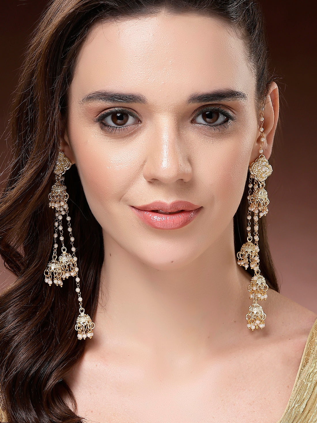 Karatcart Traditional Gold Plated Jhumki Earrings with Multi-Layered Hanging Pearl Chains Jhumkis