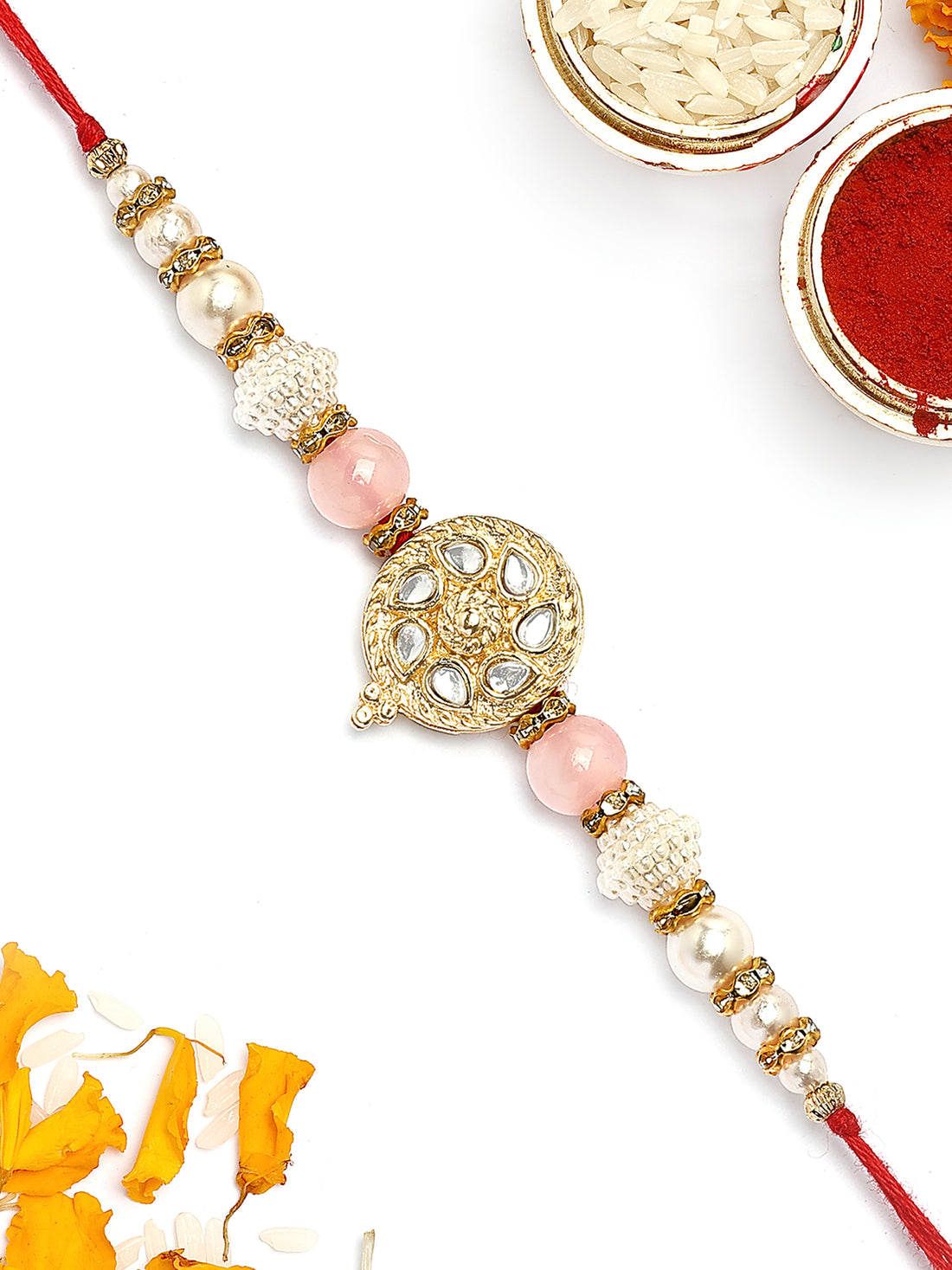 KARATCART Gold Plated Pink and White Beads Kundan Bhaiya Rakhi with Roli & Chawal