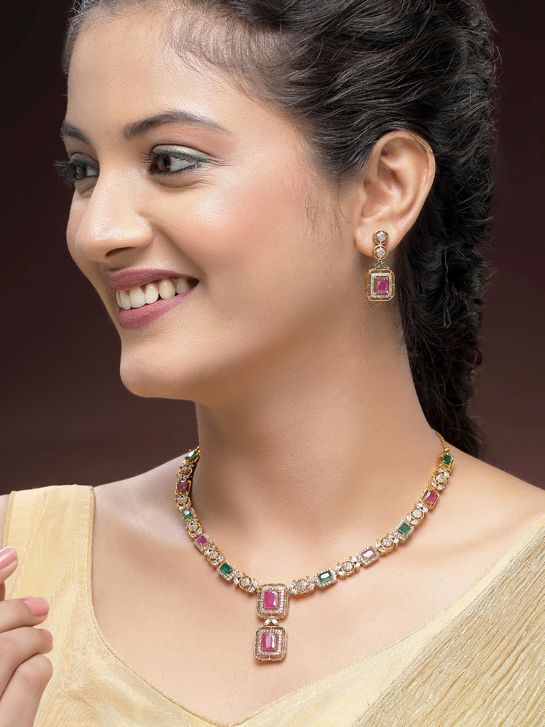 KARATCART Elegant Gold-Plated Pink and Green American Diamond Jewellery Set for Women