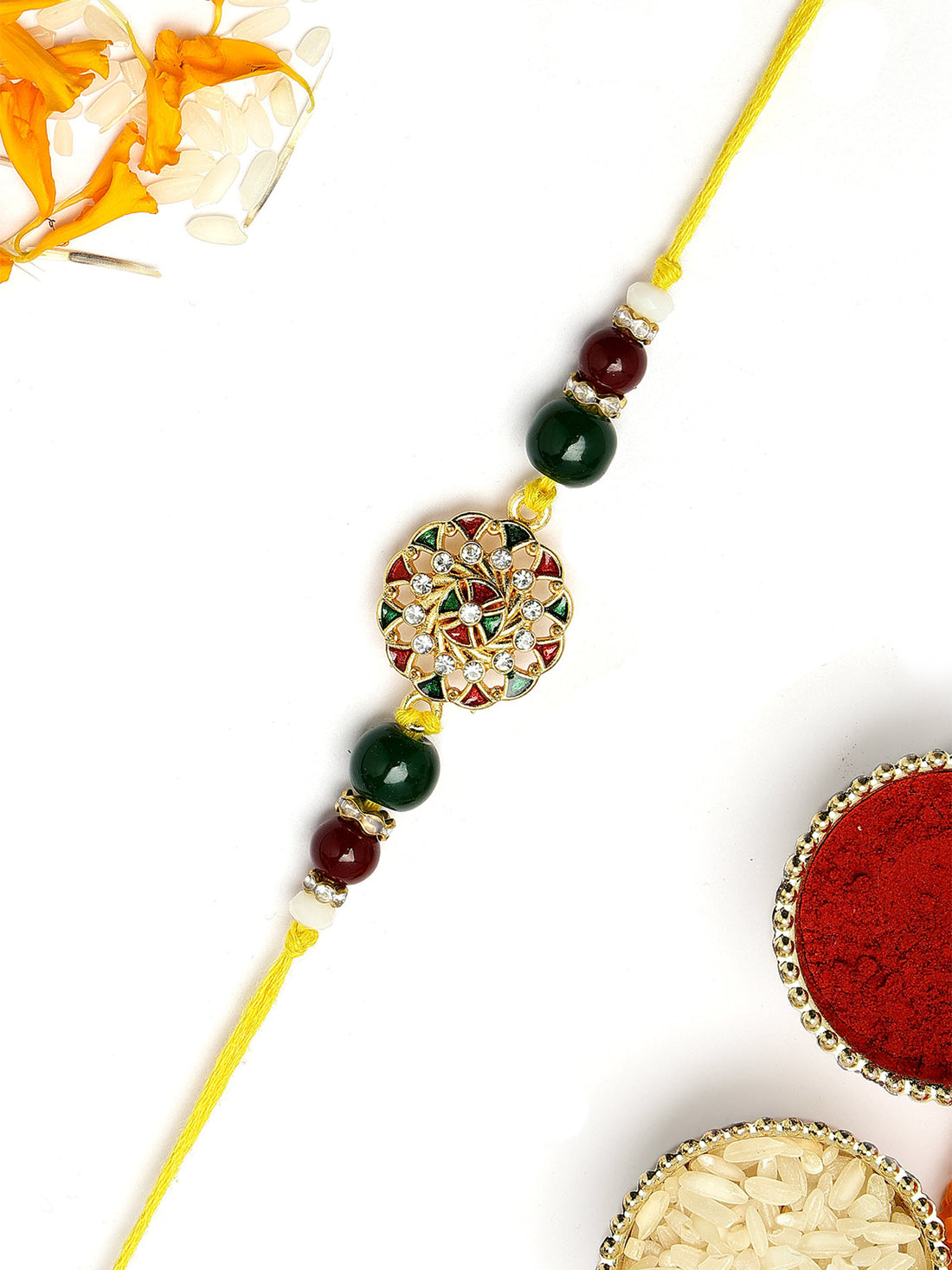 KARATCART Designer Floral Design Red and Green Meena Handmade Rakhi for Brother with Roli Chawal