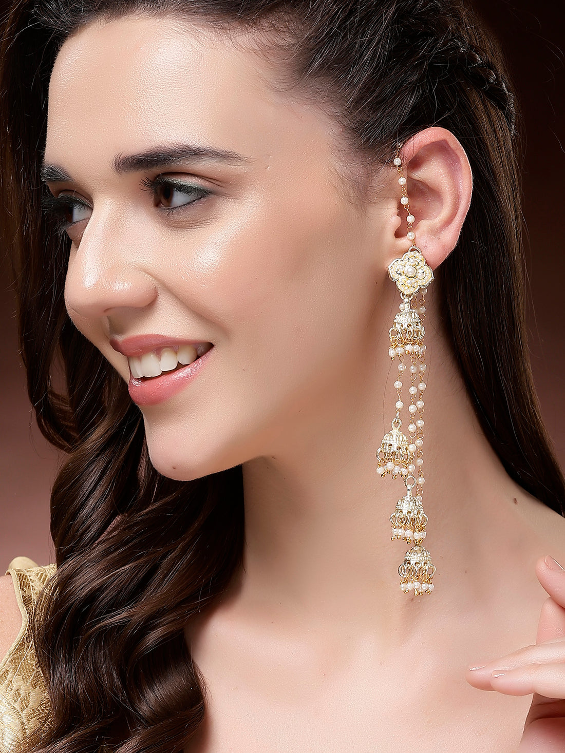 Karatcart Traditional Gold Plated Jhumki Earrings with Multi-Layered Hanging Pearl Chains Jhumkis