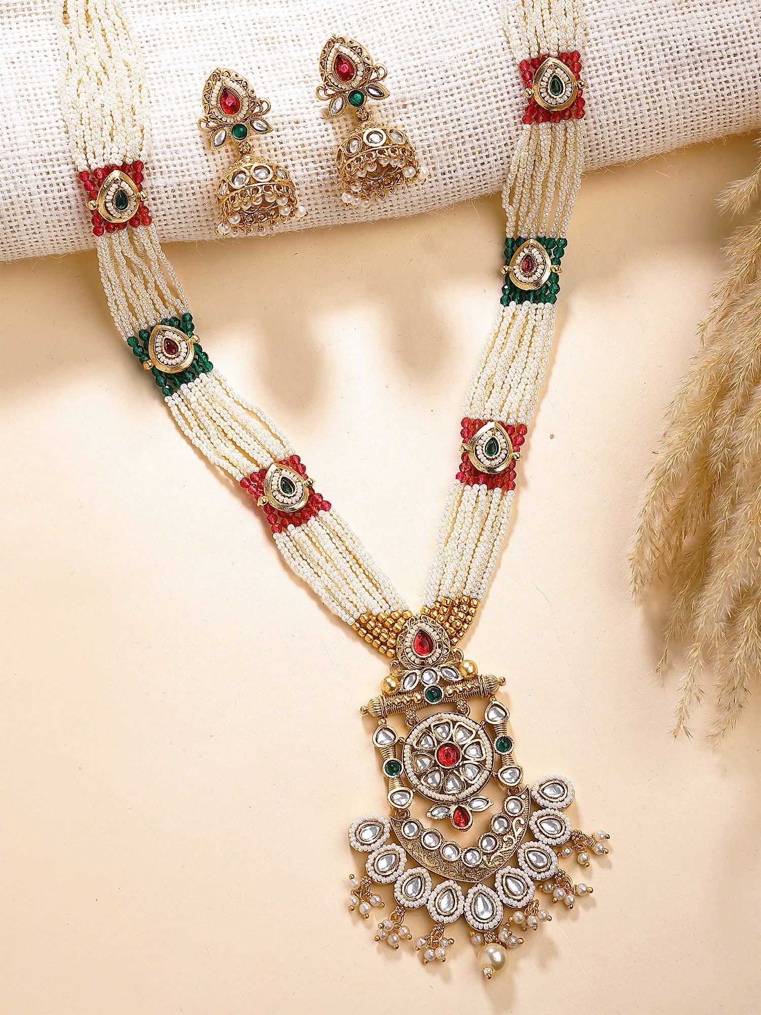 KARATCART Elegant Gold-Plated Red and Green Kundan Rani Haar Necklace Set for Women
