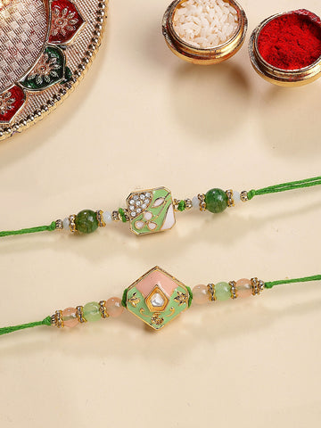 KARATCART Set of 2 Green and Pink Enamel Kundan Rakhi for Brother with Roli & Chawal