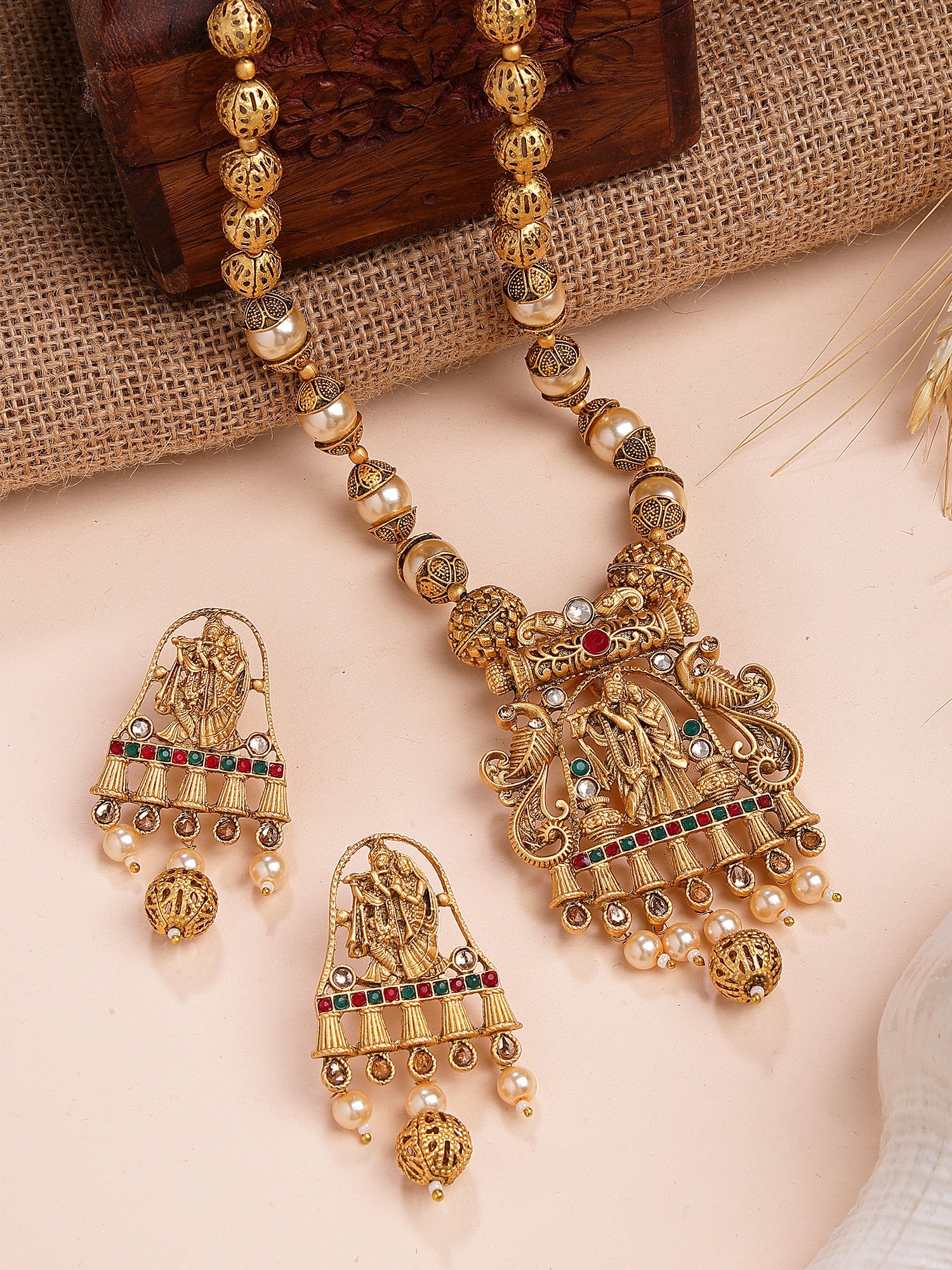 Karatcart Elegant Gold-Plated Radha Krishna Rani Haar Necklace Set with Red and Green Stones
