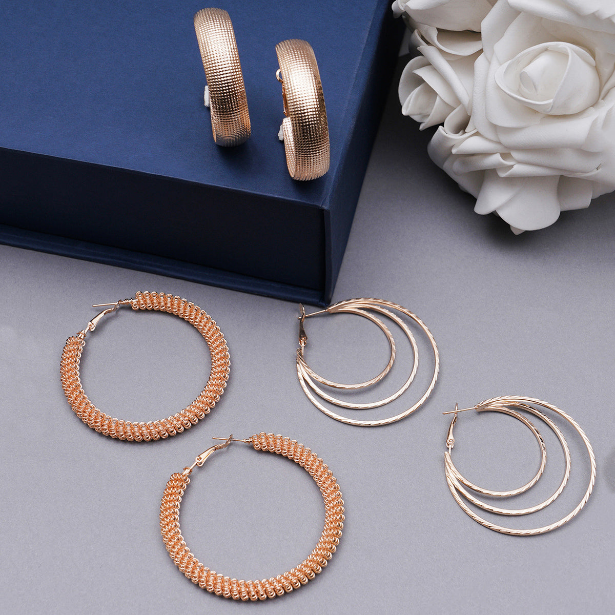 Traditional Rose Gold Plated Set of 3 Hoop Earrings