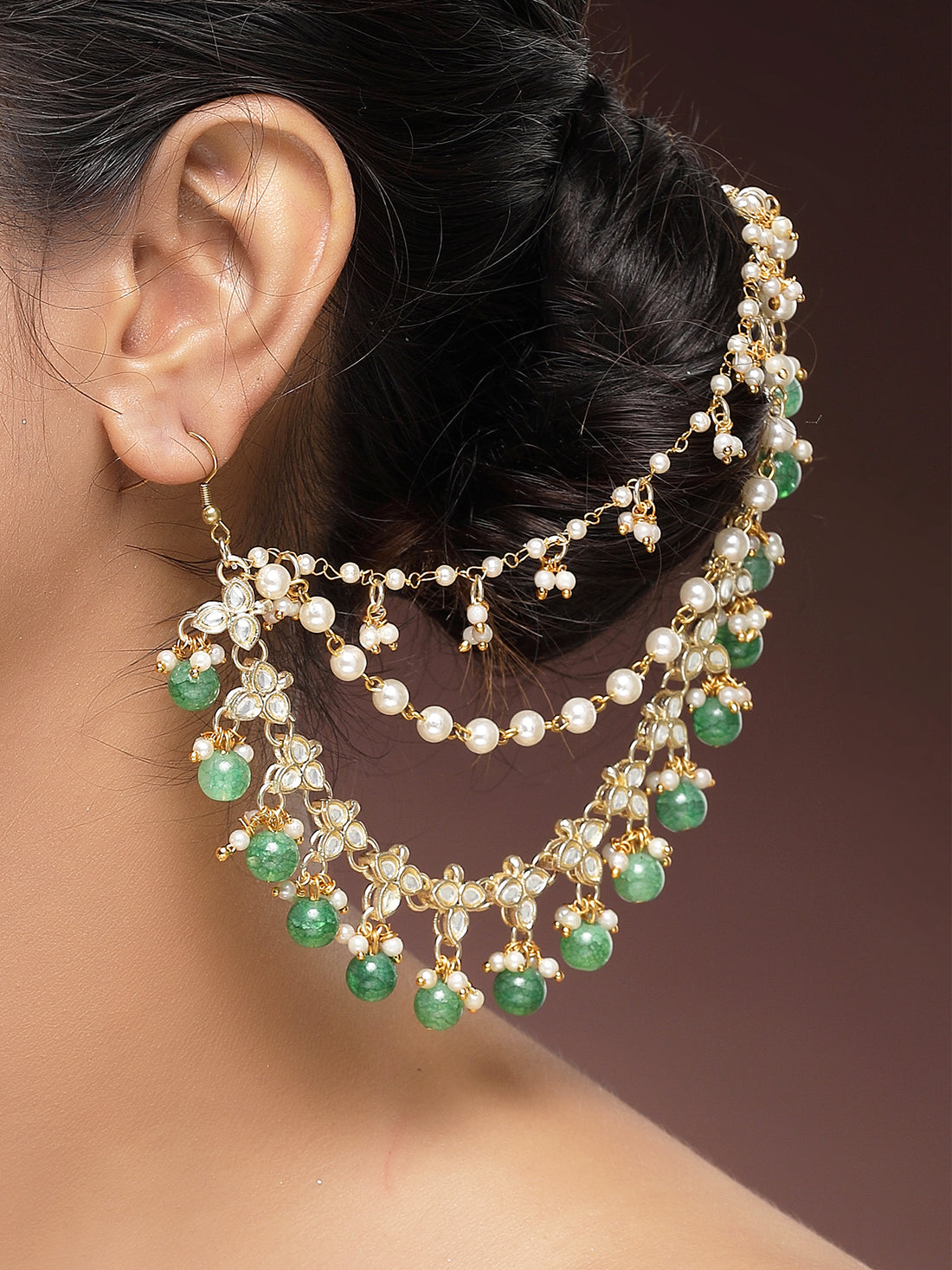 KARATCART Traditional Gold-Plated Green Beads Floral Kundan Kaanchain Earrings for Women