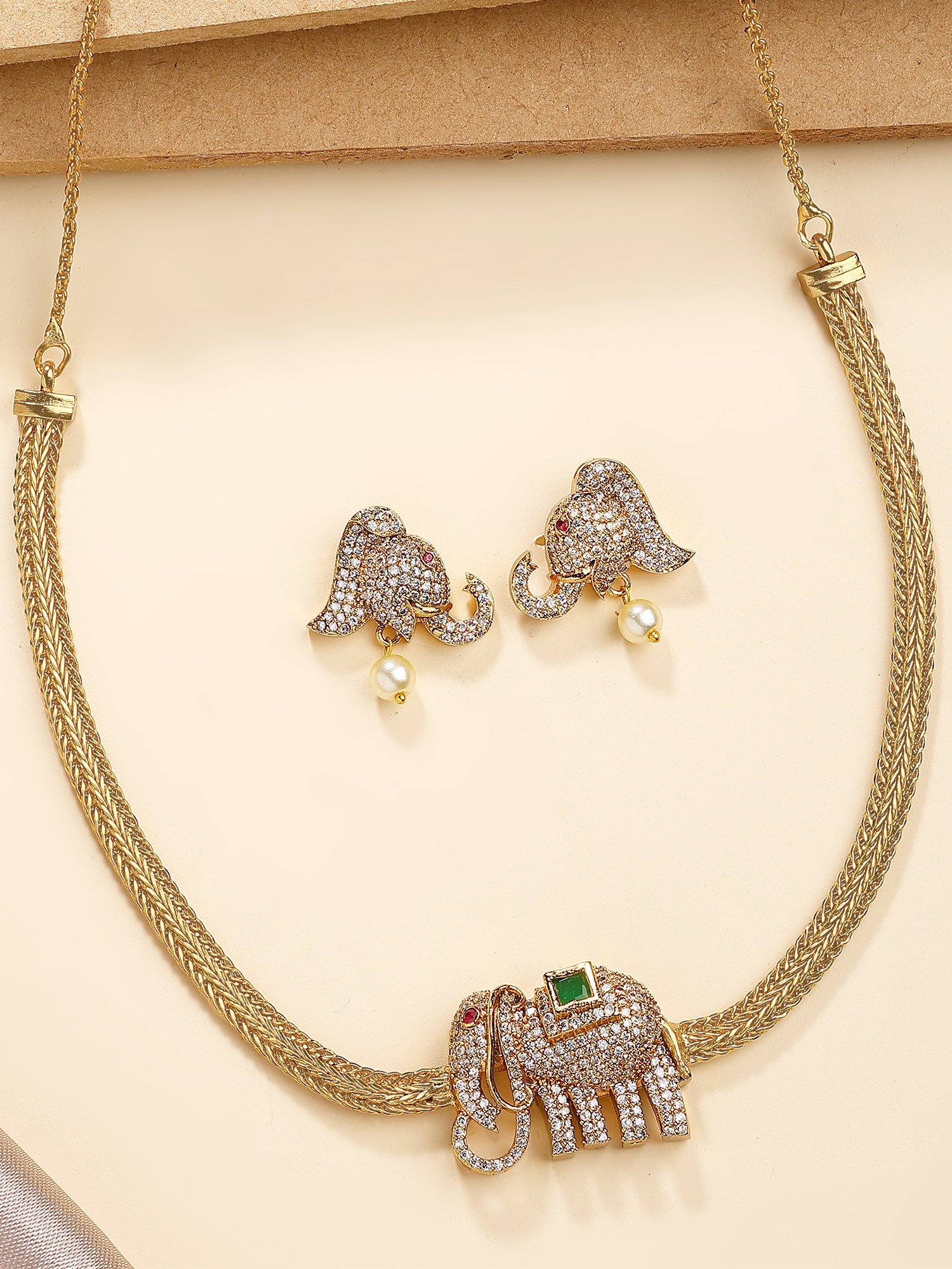 KARATCART Designer Gold-Plated Elephant Motif American Diamond Temple Jewellery Set for Women
