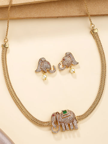 KARATCART Designer Gold-Plated Elephant Motif American Diamond Temple Jewellery Set for Women