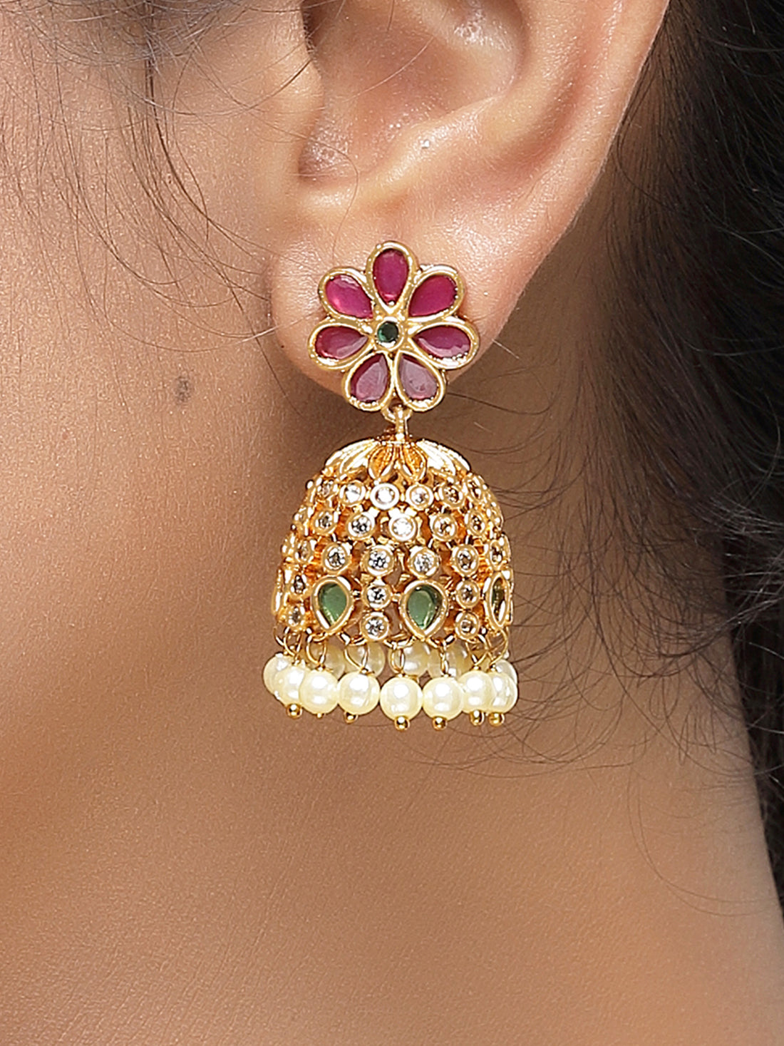 KARATCART Gold Plated Stone Jhumki Pink Earrings for Women